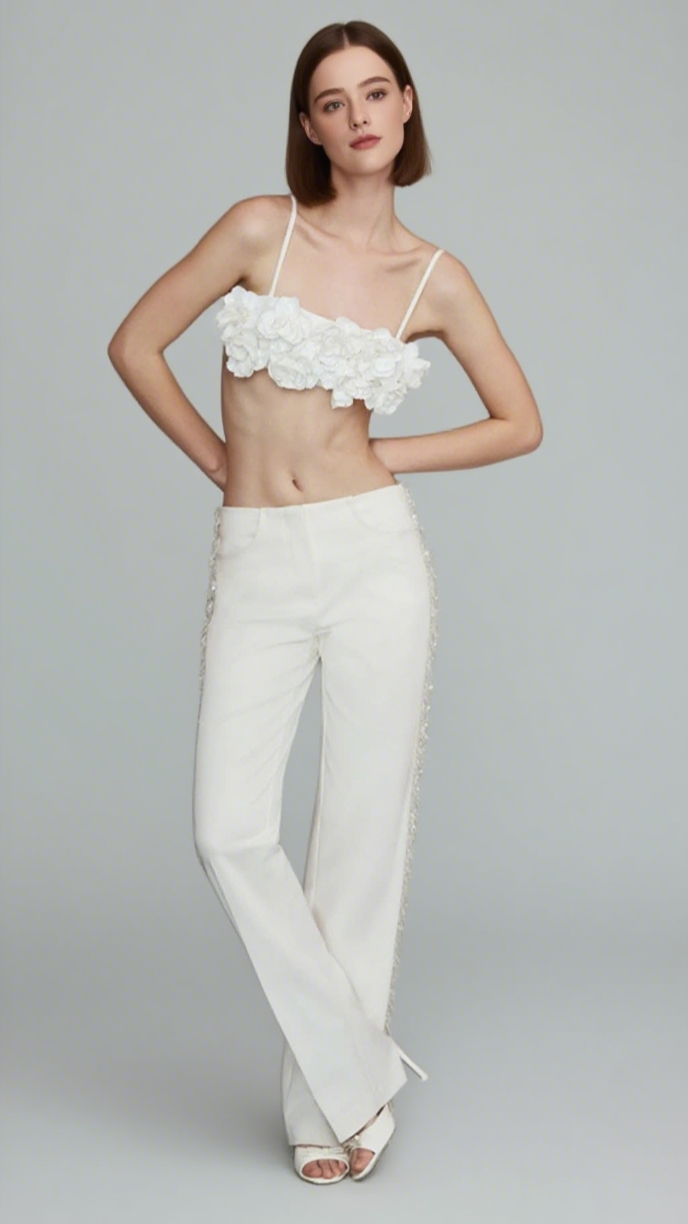 Floral Crop Top Fringe Trimmed Pants Set in White