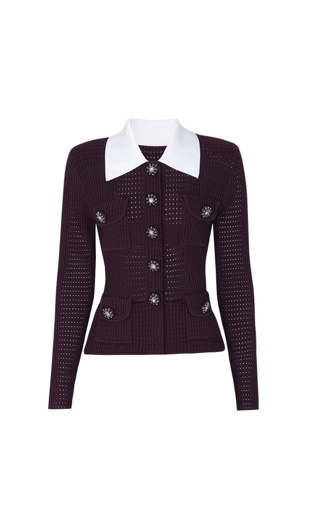 Karoline Tailored Pointelle Knit Cardigan – Elegant Contrast Collar