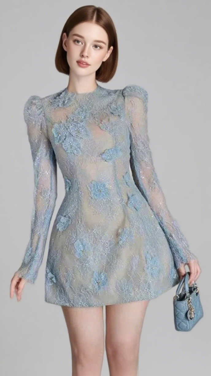AMY LACE MINI DRESS IN BLUE