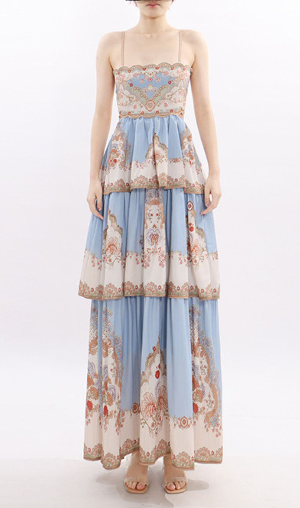 Jevic Serene Blue Bohemian Tiered Maxi Dress - Intricate Print & Strappy Design