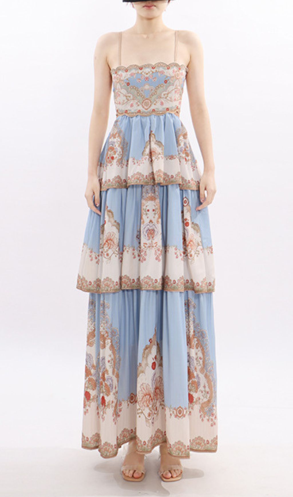 Jevic Serene Blue Bohemian Tiered Maxi Dress - Intricate Print & Strappy Design