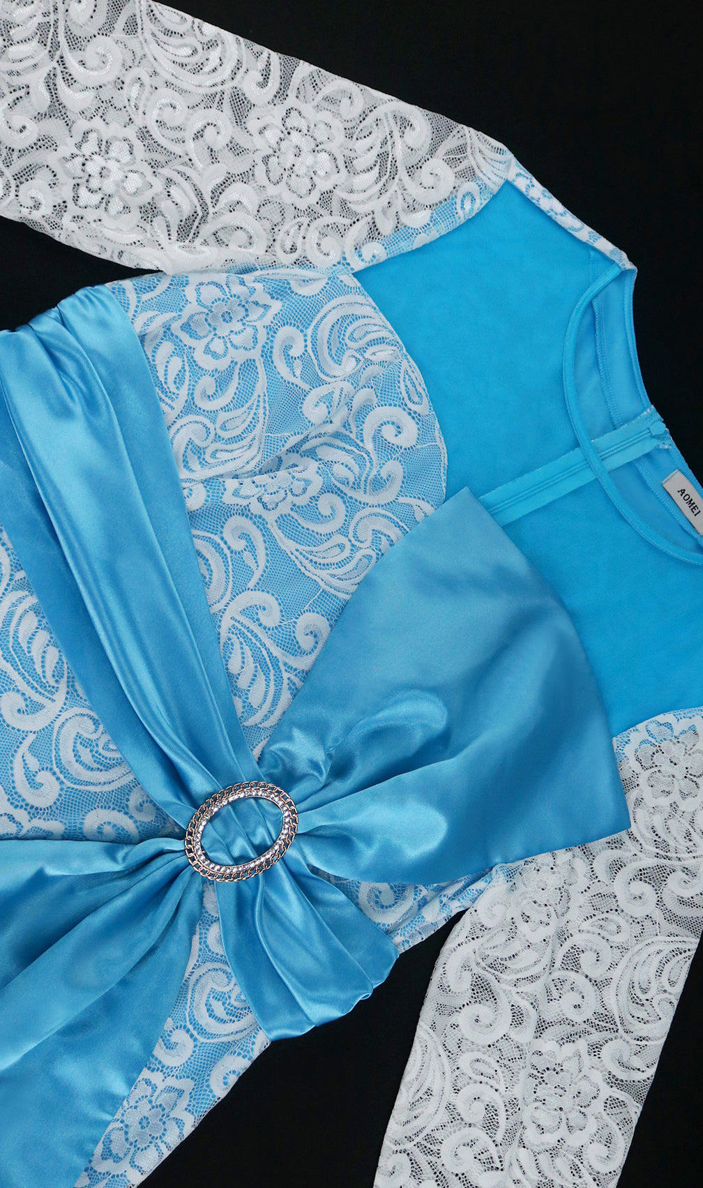 Baila Blue Bow Lace Long Sleeve Midi Dress