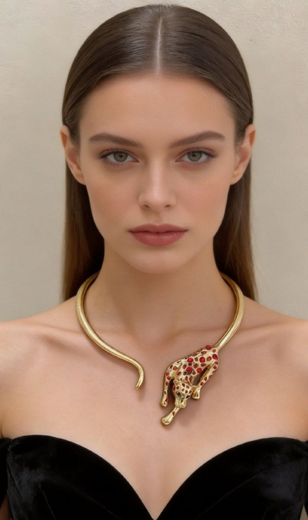 Katharina Fierce Leopard Statement Choker Necklace with Red Gemstones