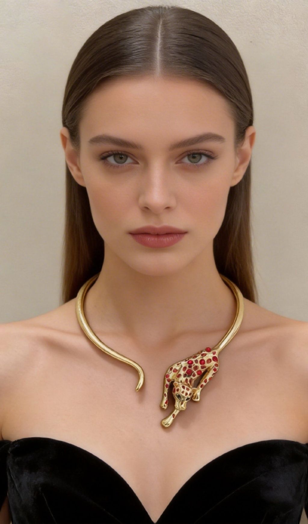 Katharina Fierce Leopard Statement Choker Necklace with Red Gemstones