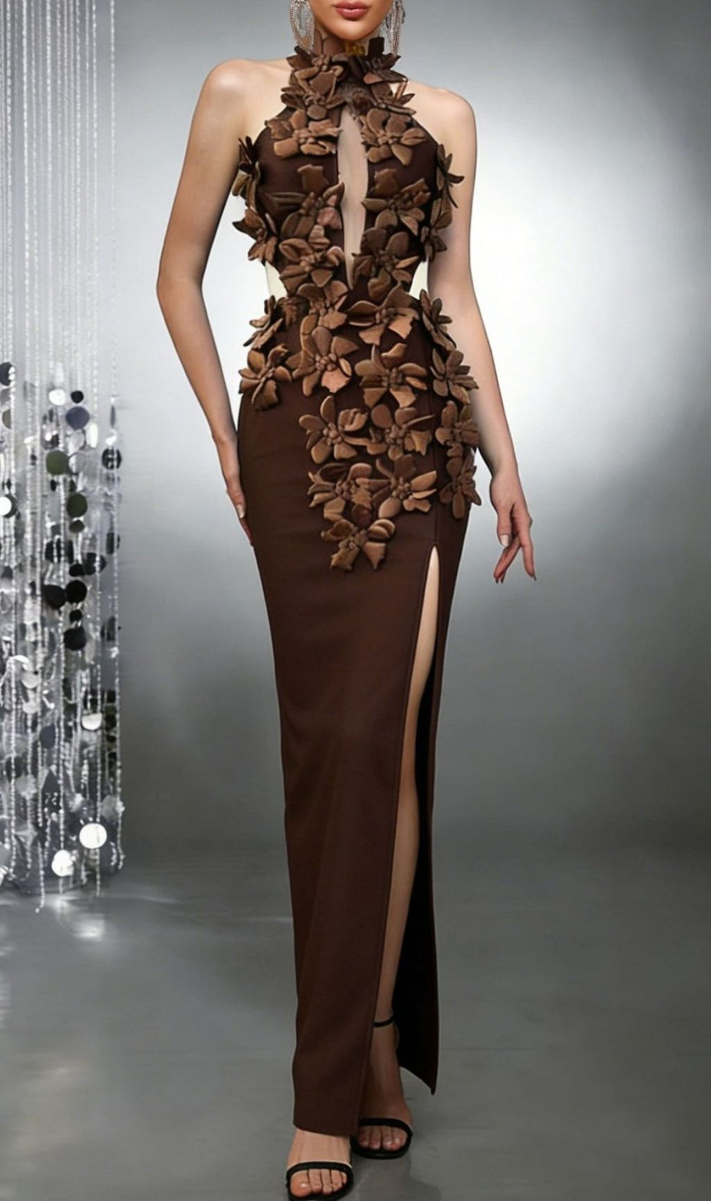 Kelsie Sculpting Brown Floral Appliqué Bandage Maxi Gown