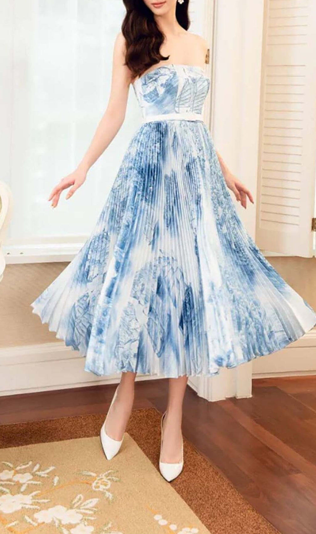 Bandeau Pleated Midi Dress In Blue