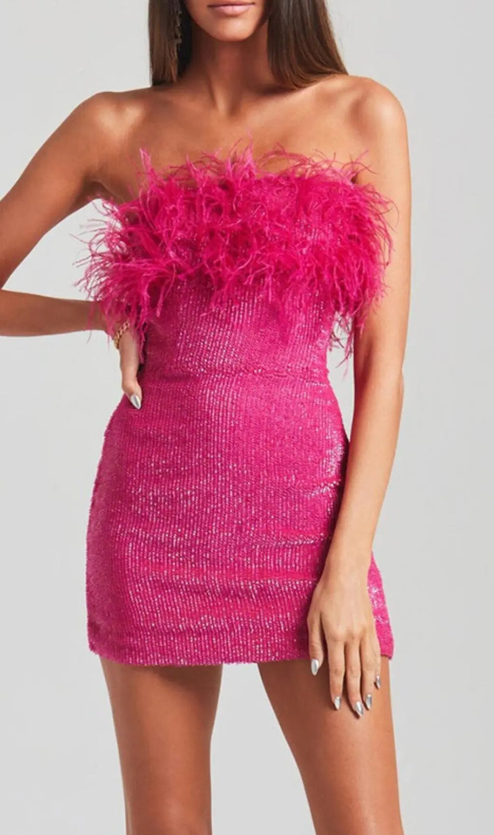 Sequin Feather Strapless Mini Dress In Hot Pink