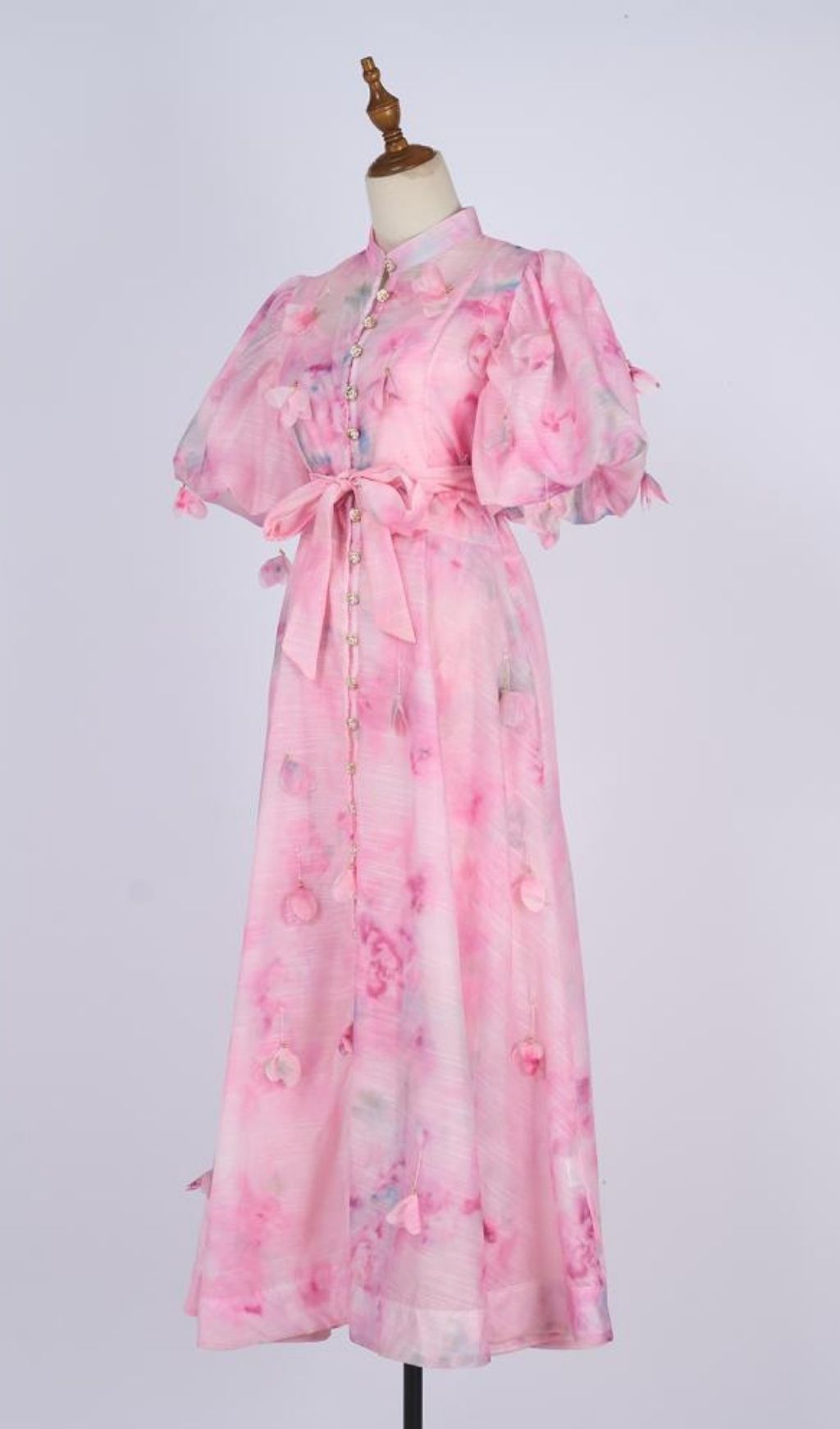 Karli Romantic Pink Floral Puff-Sleeve Maxi Dress | Elegant Chiffon Gown