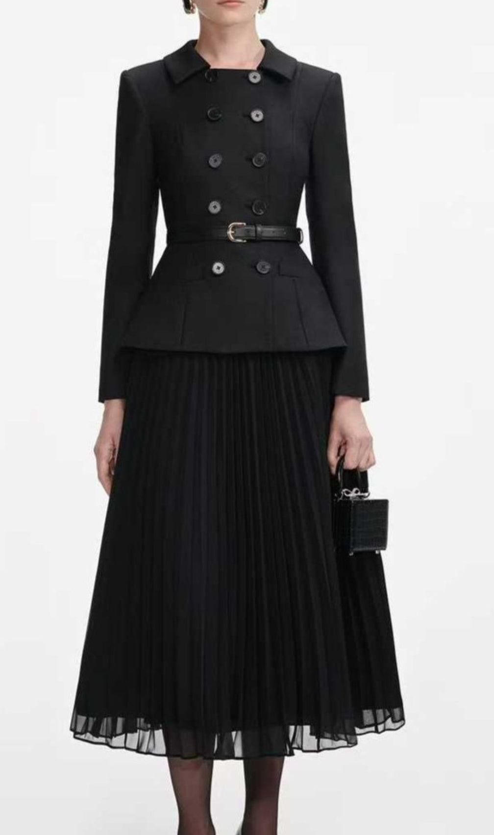 Julitta Black Peplum Power Midi Dress - Long Sleeve & Pleated Skirt