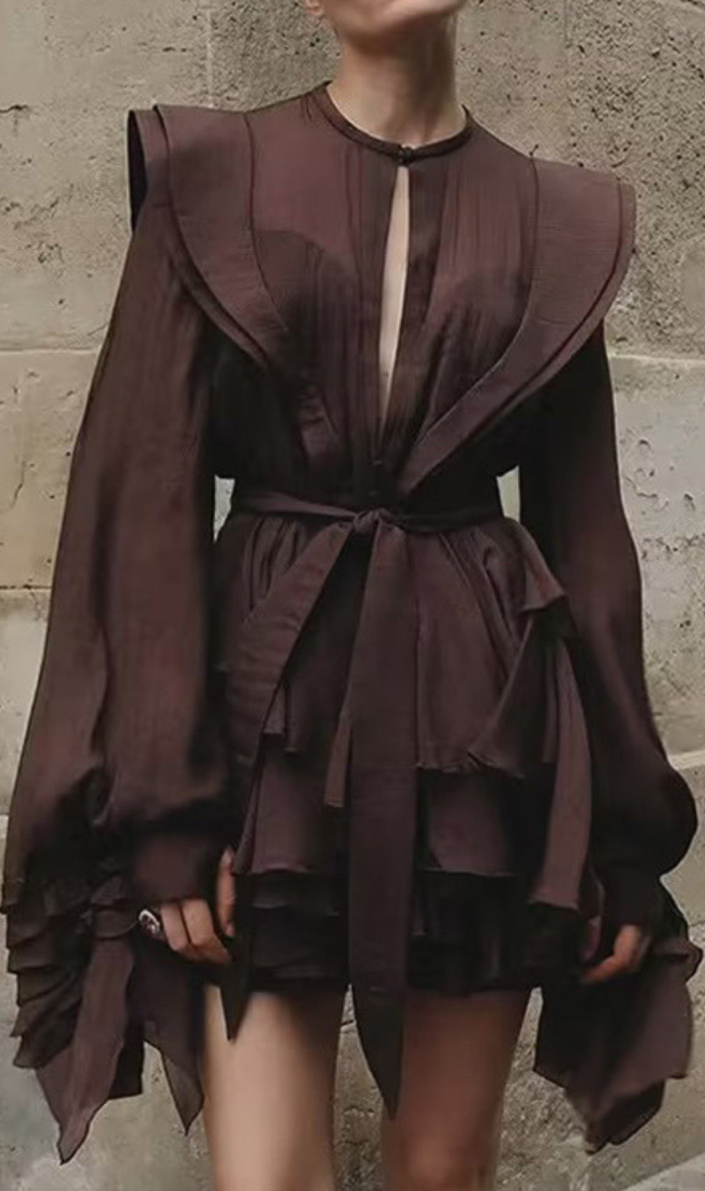 Fleur Brown Long Sleeve Ruffle Mini Dress