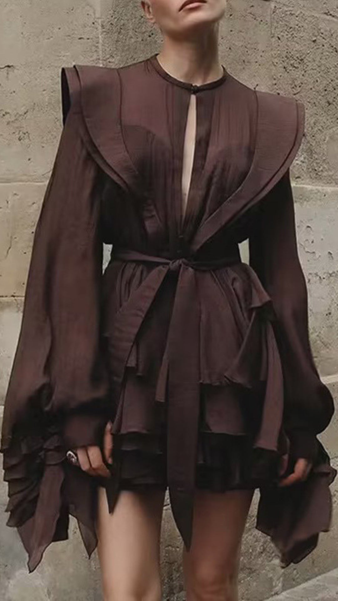 Fleur Brown Long Sleeve Ruffle Mini Dress