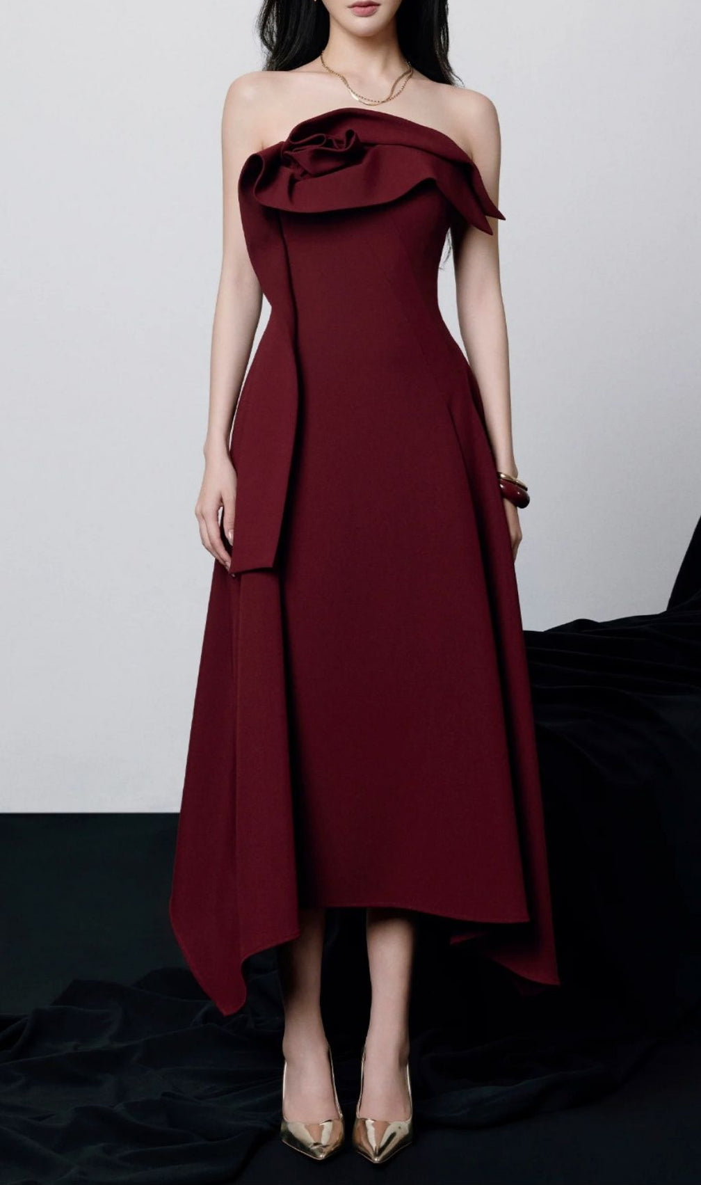 Kesia Radiant Red Draped Strapless Midi Dress - Elegant Asymmetric Hem