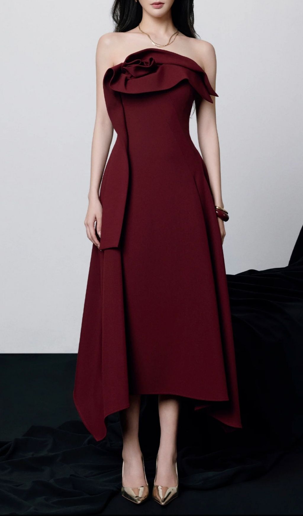 Kesia Radiant Red Draped Strapless Midi Dress - Elegant Asymmetric Hem