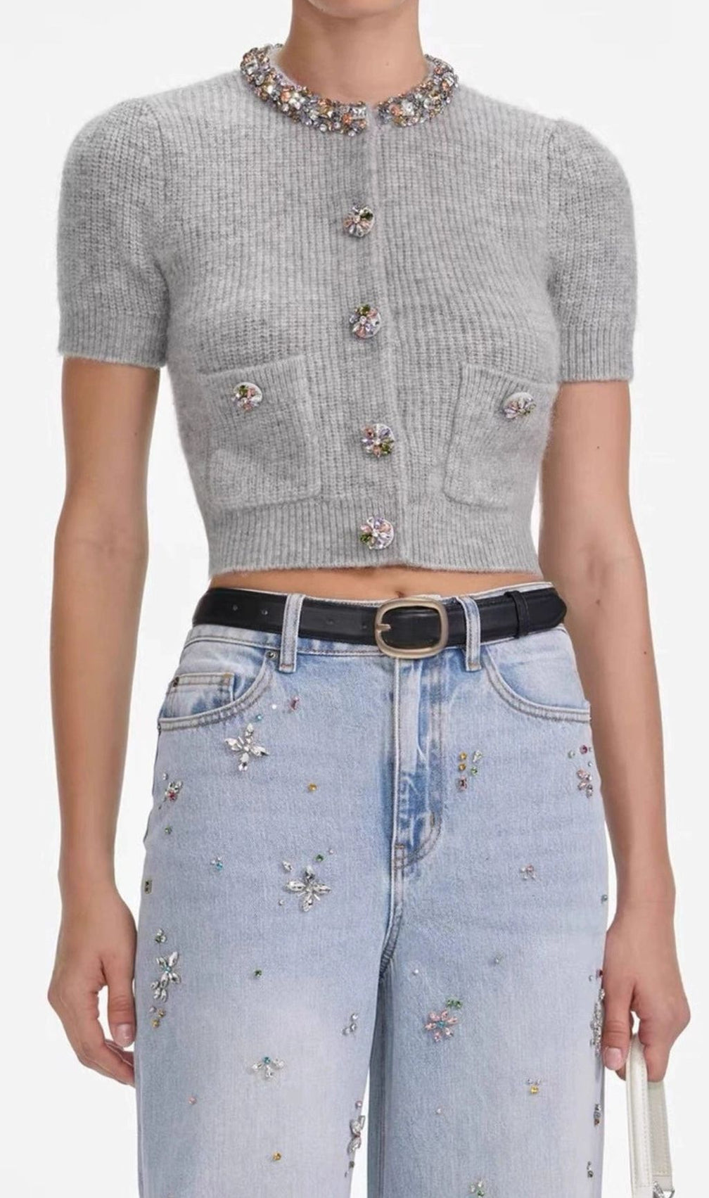 Henrike Luxe Grey Embellished Knit Top - Sparkling Short Sleeve Style