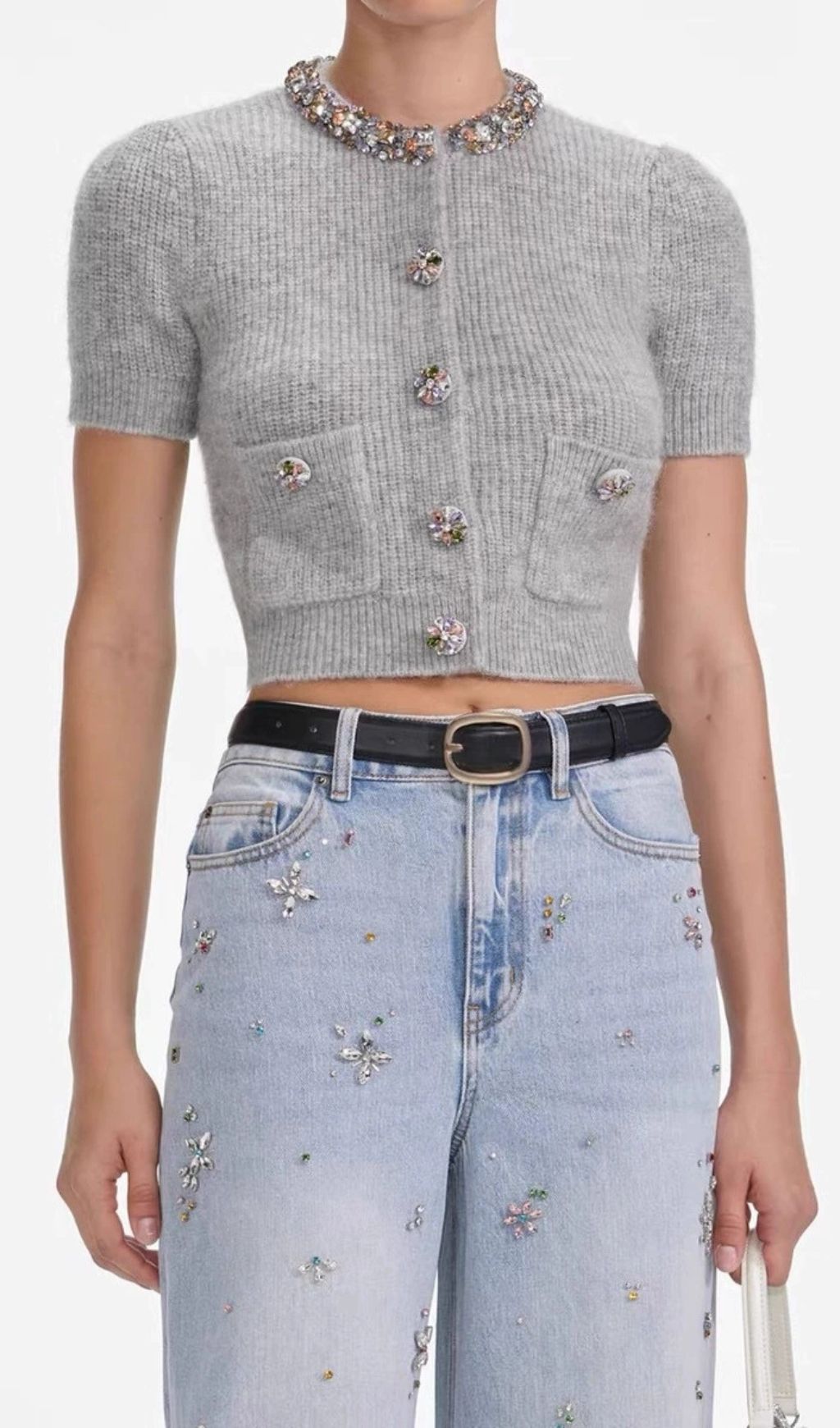 Henrike Luxe Grey Embellished Knit Top - Sparkling Short Sleeve Style