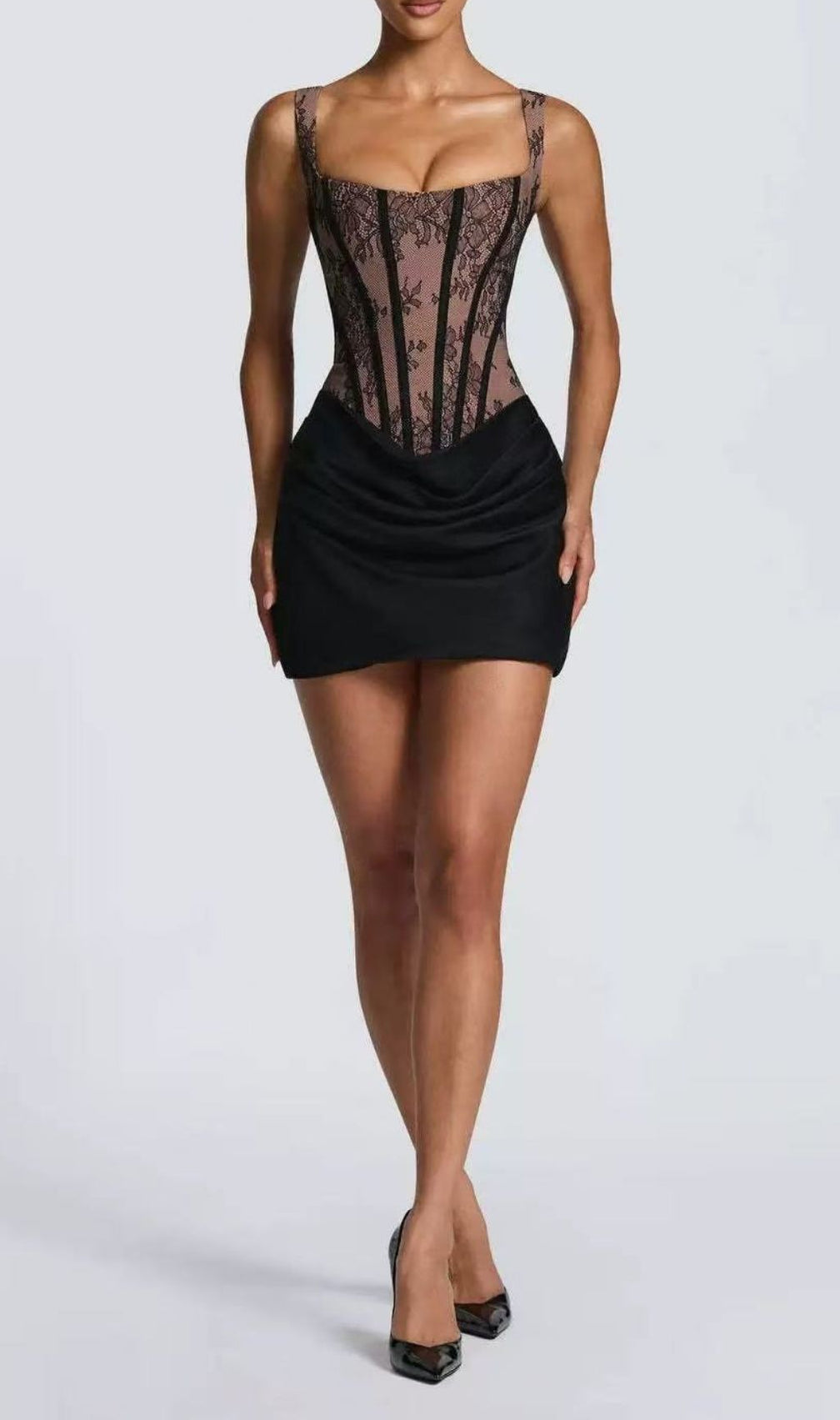 Katty Romantic Black Lace Corset Mini Dress | Strappy Bodycon Party Dress for Women