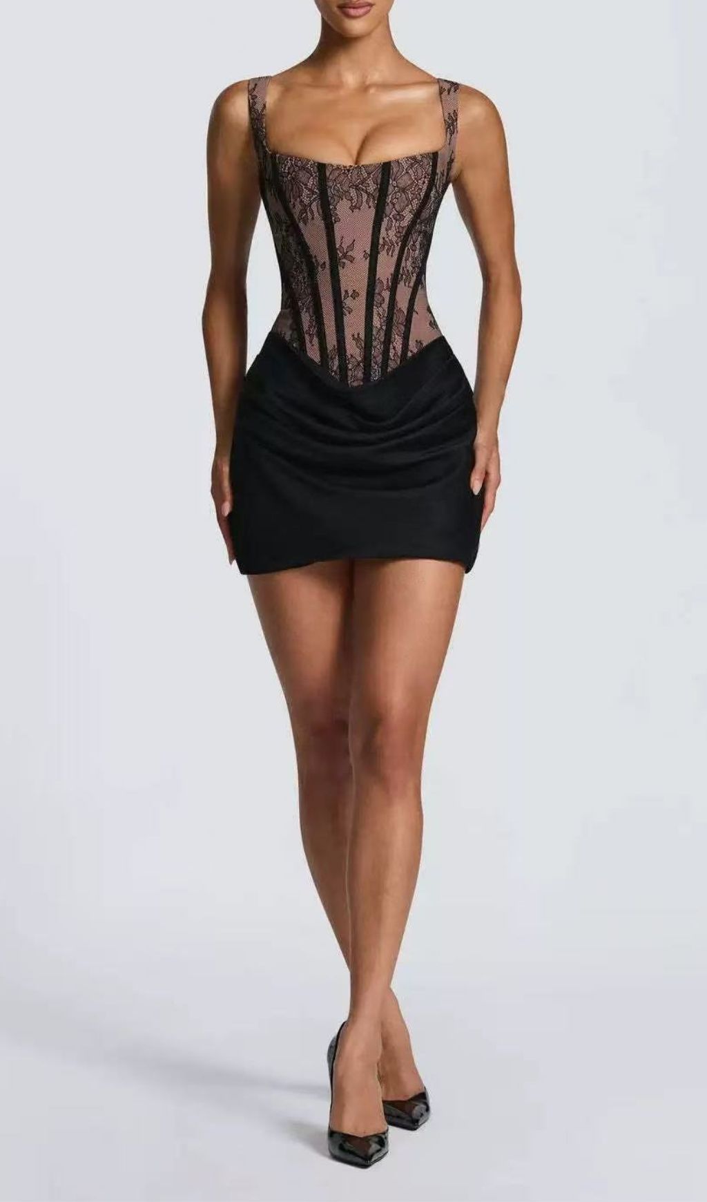 Katty Romantic Black Lace Corset Mini Dress | Strappy Bodycon Party Dress for Women