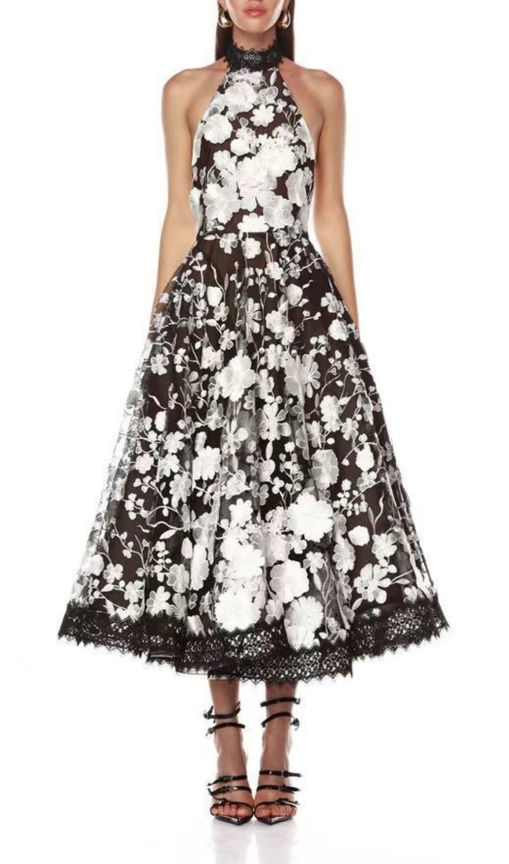Karisma Elegant Black & White Floral Halter Midi Dress