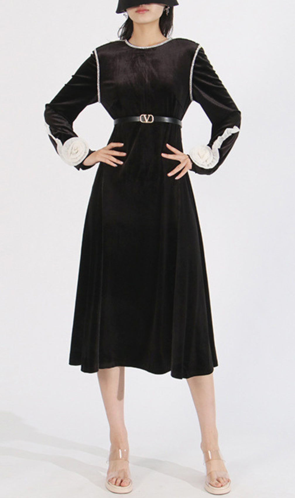 Cleave Black Flower Long Sleeve Midi Dress
