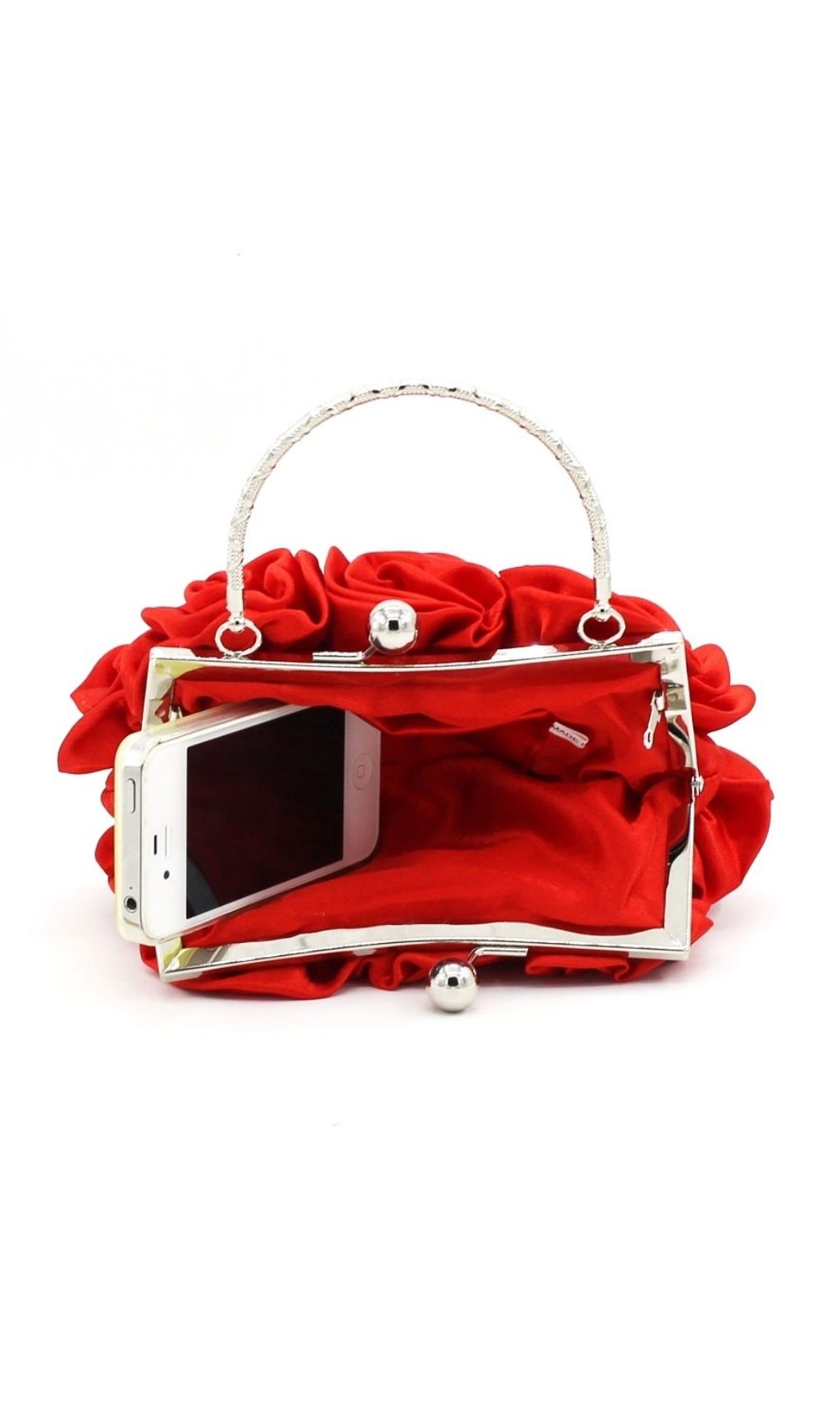 Adahy Red Floral Satin Clutch | Elegant Rose Evening Bag with Beaded Handle
