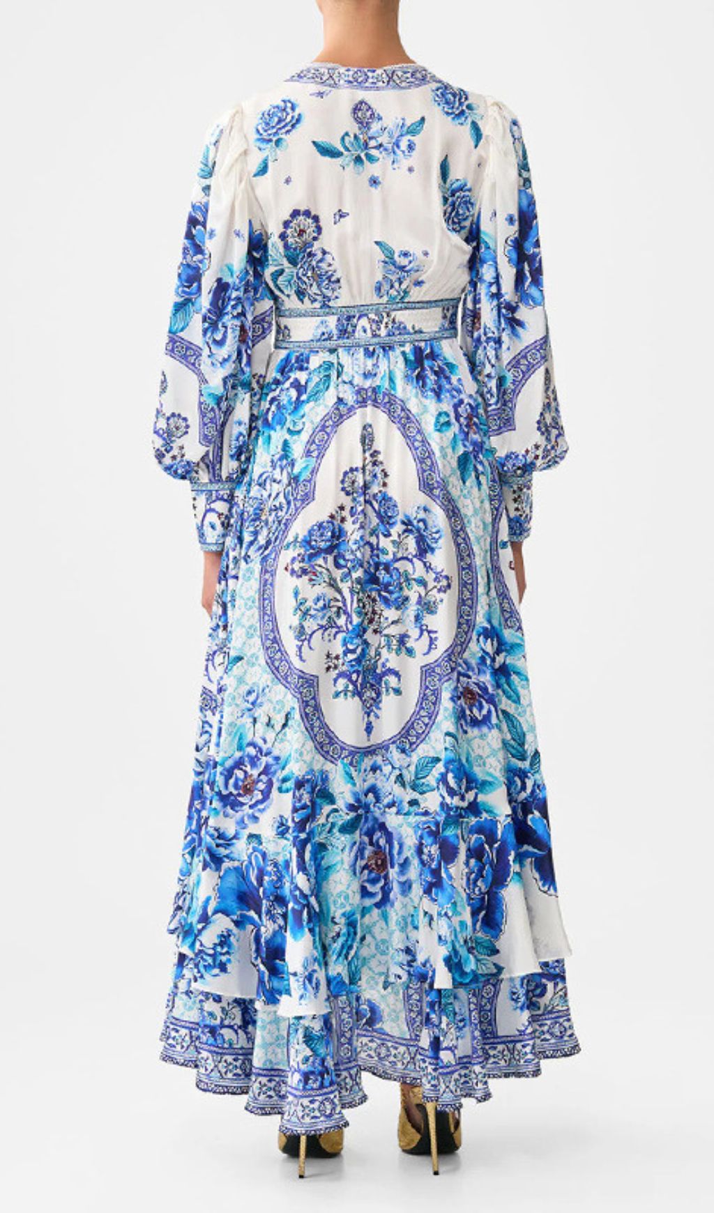 Jalie Elegant Blue Floral Porcelain Print Long Sleeve Maxi Dress