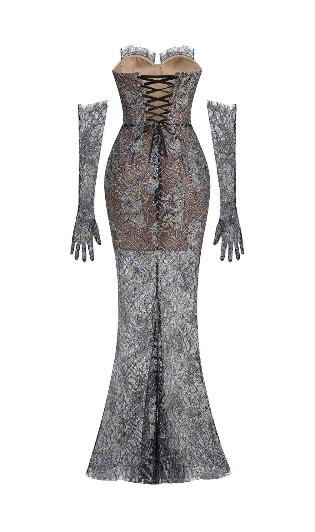 Javion Enchanting Strapless Floral Lace Gown with Opera Gloves