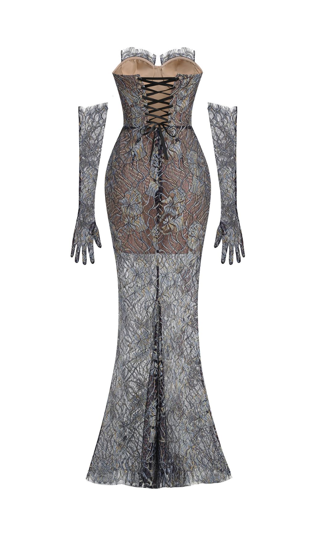Javion Enchanting Strapless Floral Lace Gown with Opera Gloves