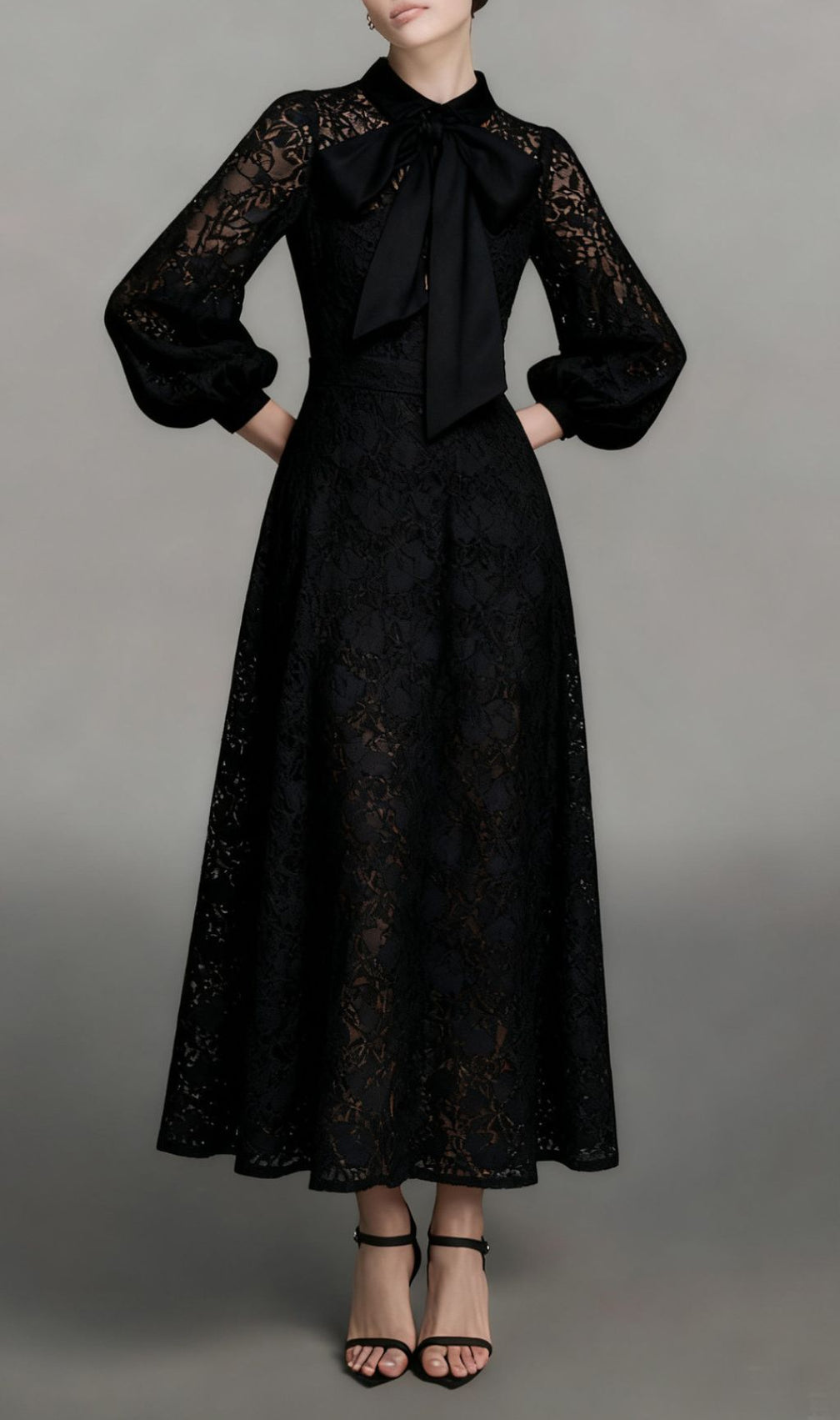 Issay Elegant Lace Maxi Dress with Statement Bow | Long Sleeve Formal Gown