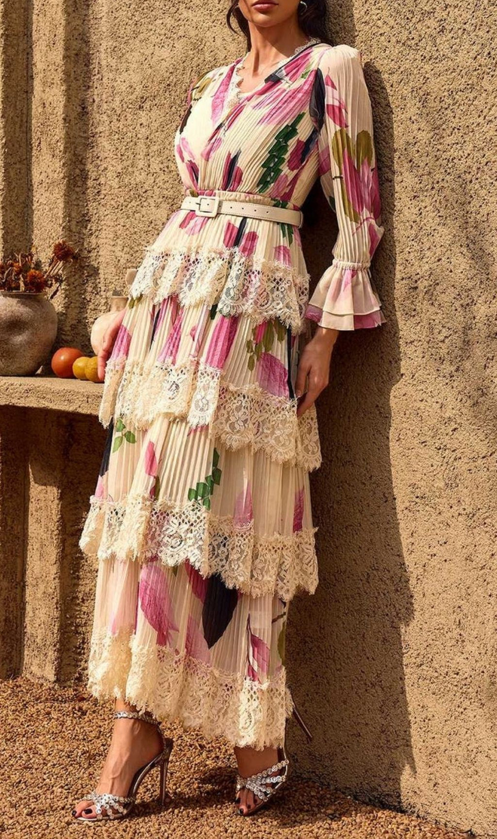Charleen Elegant Floral Pleated Lace Tiered Maxi Dress | V-Neck & Belt