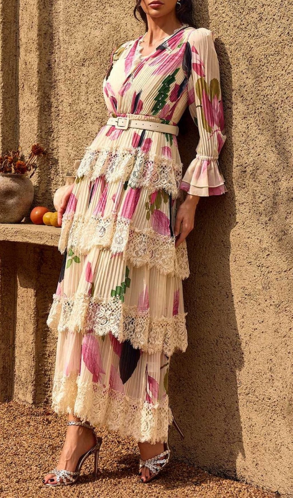 Charleen Elegant Floral Pleated Lace Tiered Maxi Dress | V-Neck & Belt