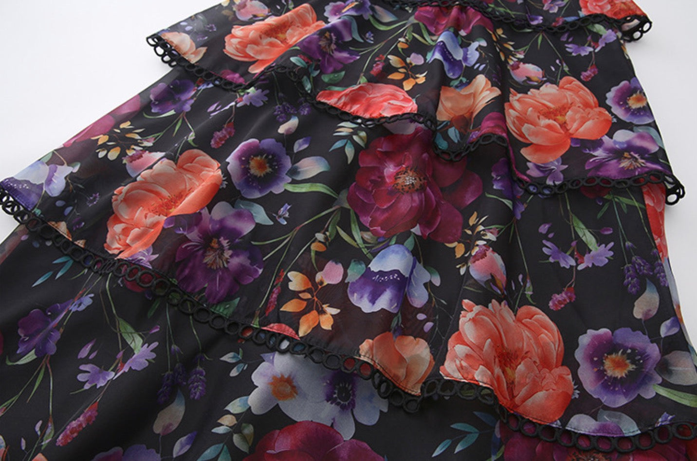Kavi Elegant Floral Tiered Maxi Dress with Lace Trim - Women's Spring/Summer