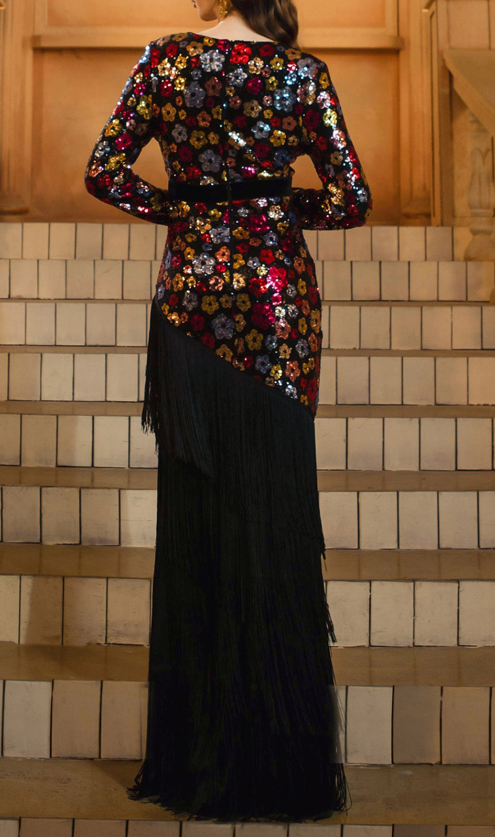 Dimaia Flower Sequin Tassel Long Sleeve Maxi Dress