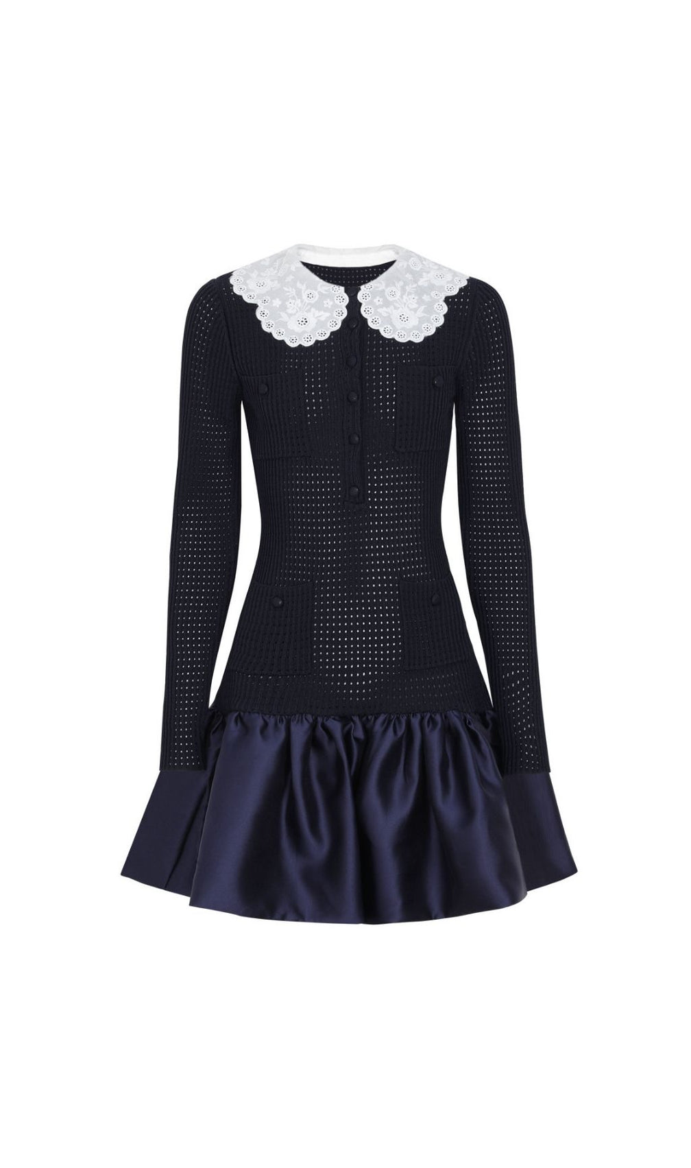 Kay Navy Long Sleeve Knit & Satin Mini Dress with Peter Pan Collar