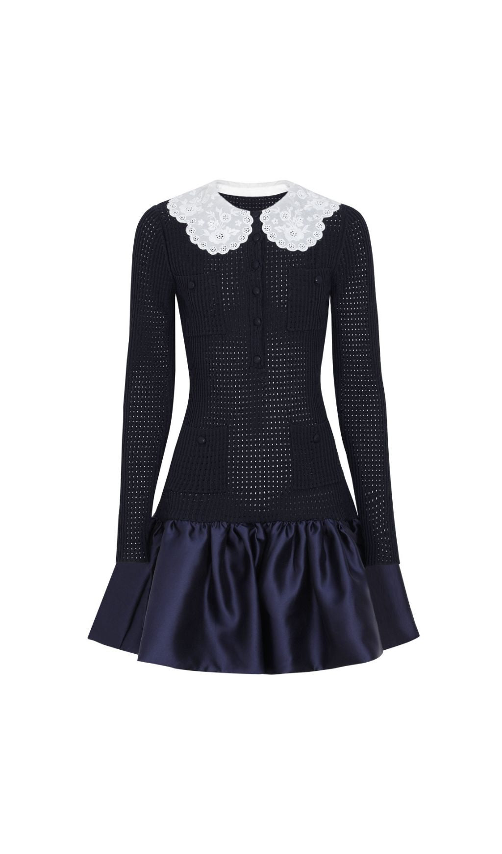 Kay Navy Long Sleeve Knit & Satin Mini Dress with Peter Pan Collar