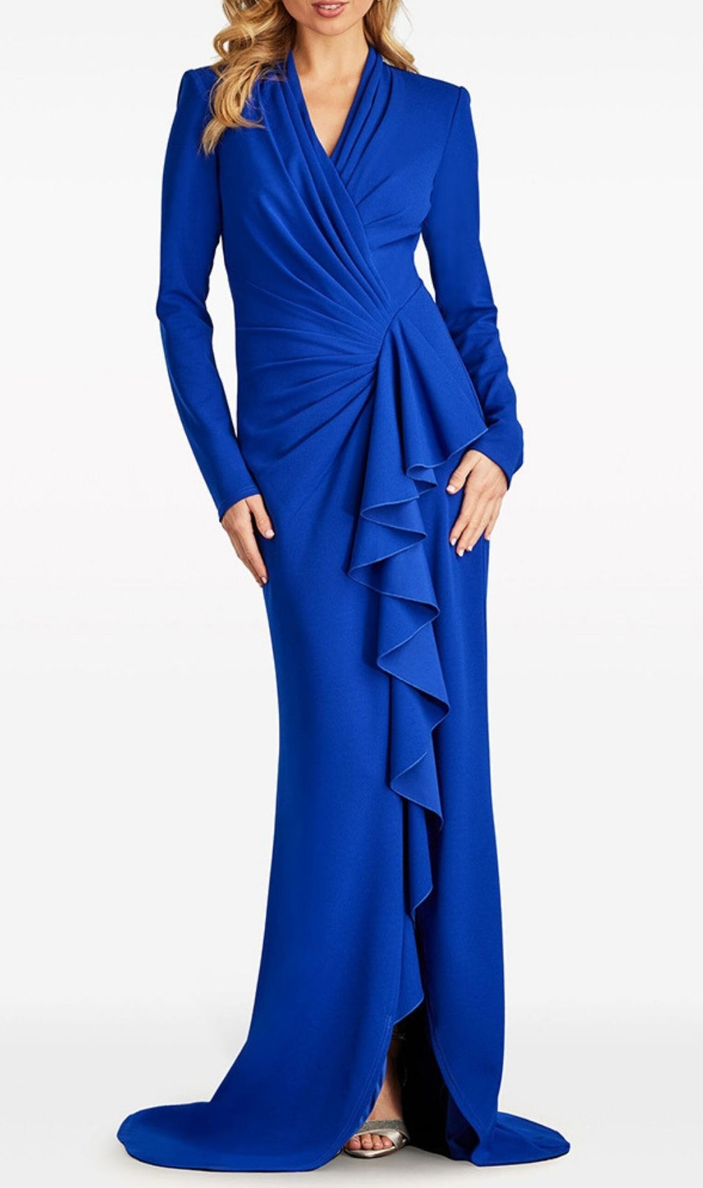 Jovie Elegant Cobalt Blue Ruched Long Sleeve Maxi Gown