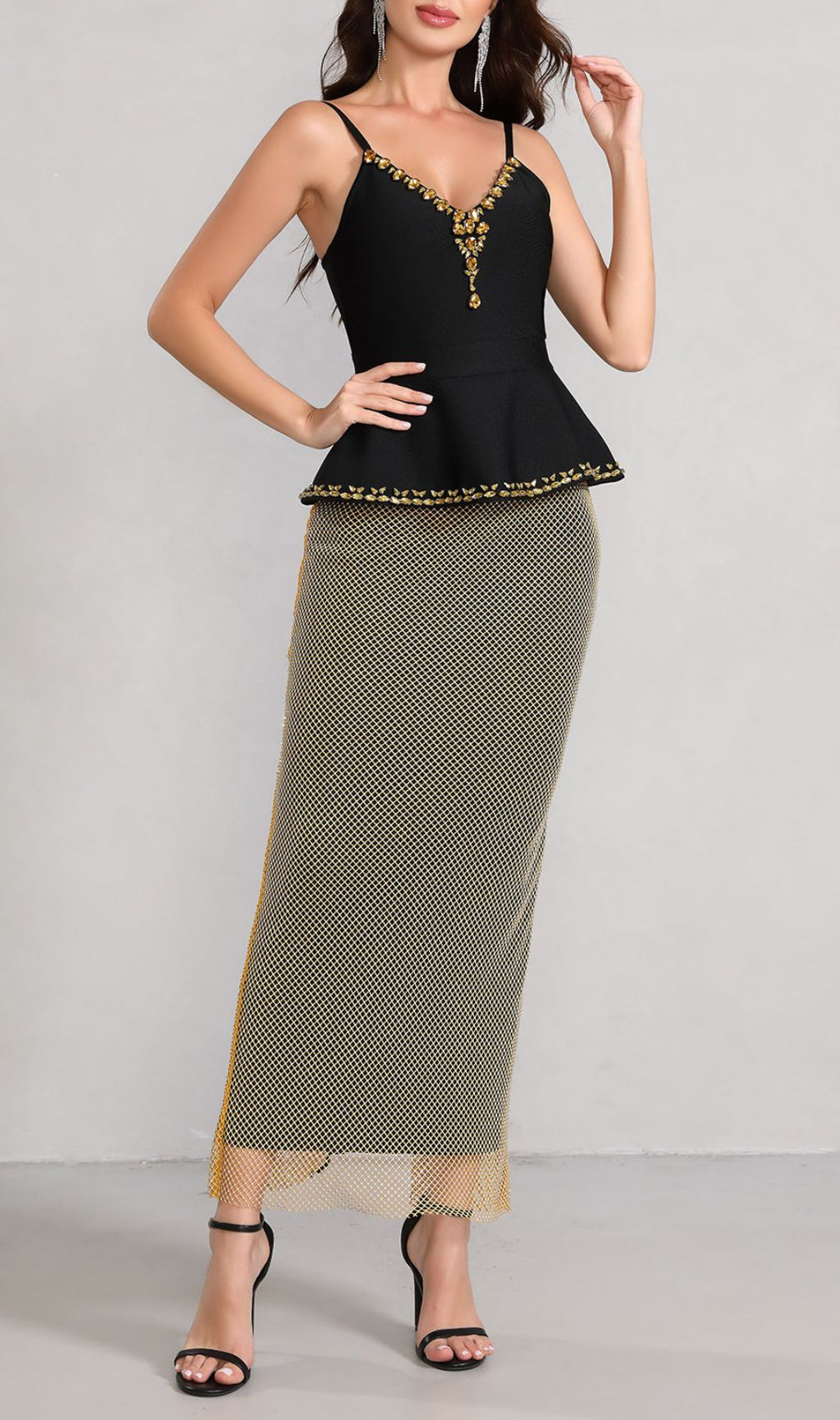 Klyra Evening Glamour: Rhinestone Peplum Top & Mesh Maxi Skirt Set