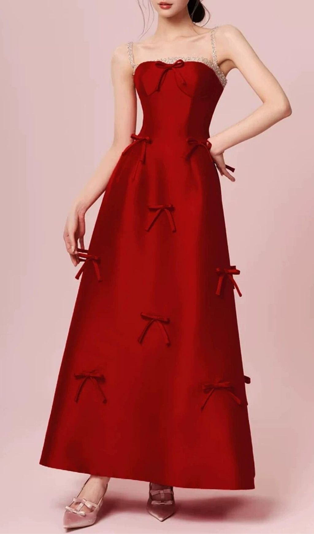 Kiara Red Bow-Embellished Strappy Maxi Dress - Elegant Gala & Event Gown