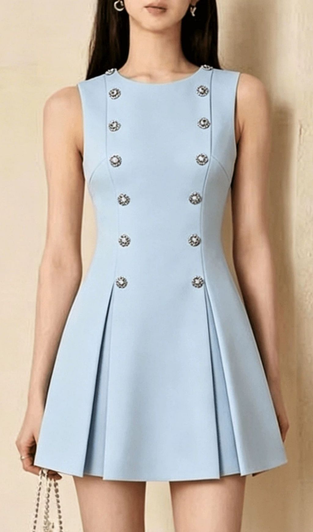 Chic Kim Sky Blue Sleeveless Mini Dress with Dazzling Crystal Buttons