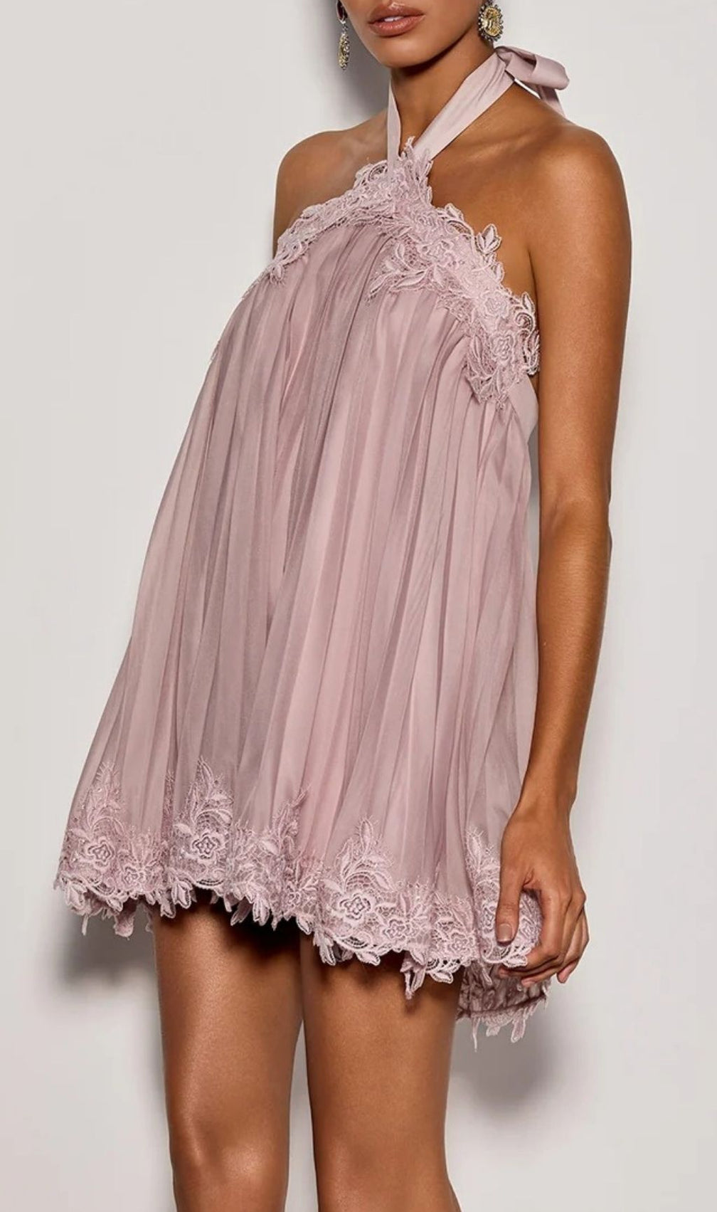 Falven Elegant Halterneck Lace Pleated Mini Dress | Chic Party & Cocktail Attire