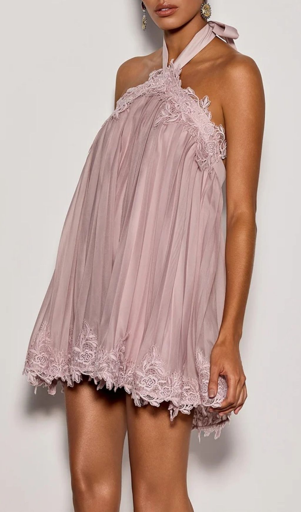 Falven Elegant Halterneck Lace Pleated Mini Dress | Chic Party & Cocktail Attire