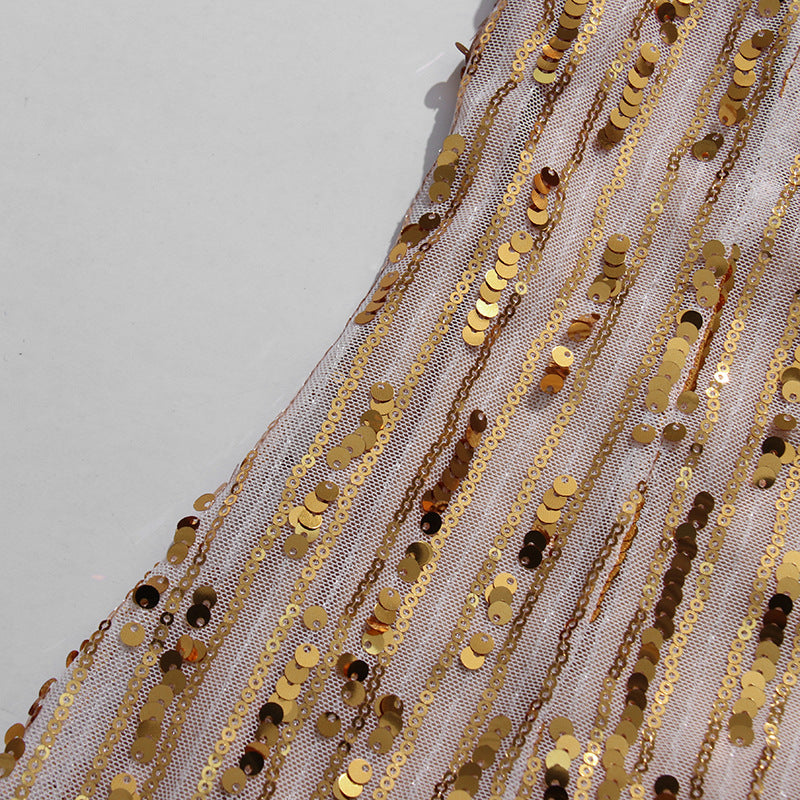 Keyah Gold Sequin Mock Neck Midi Dress - Dazzling Short Sleeve Party Gown