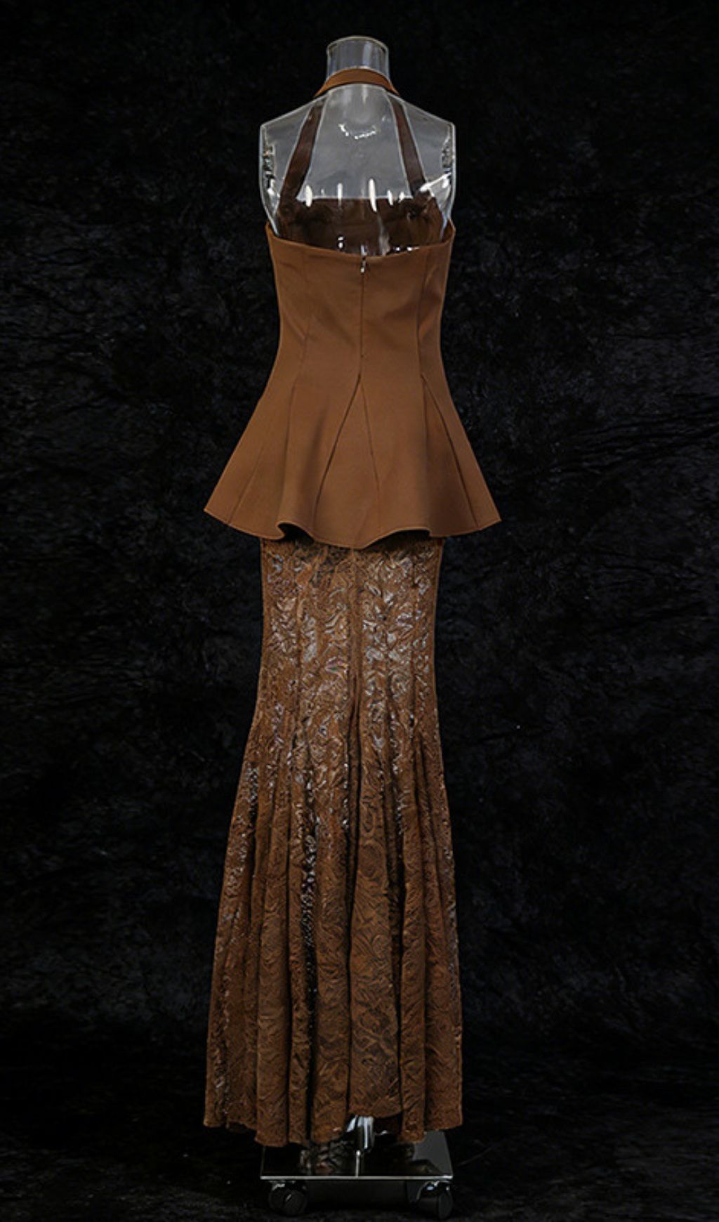 Janiah Elegant Halter Peplum Top & Bronze Lace Maxi Skirt Set
