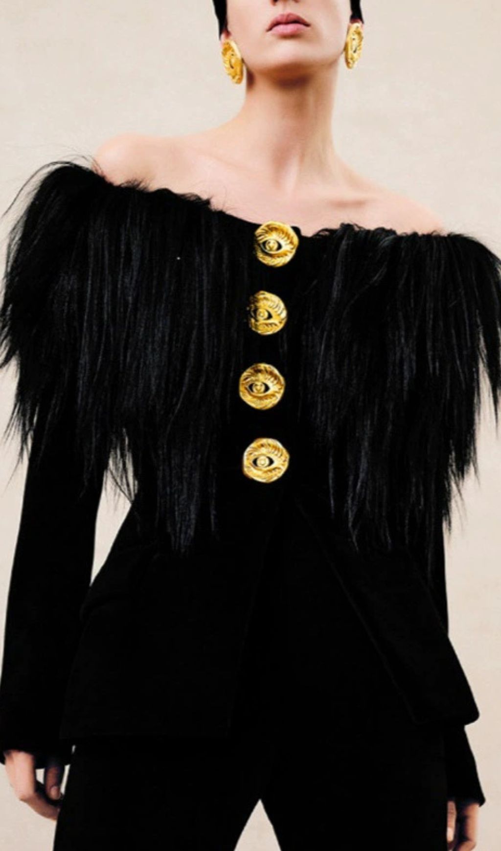 Hyunh Black Off-Shoulder Faux Fur Blazer | Golden Eye Buttons