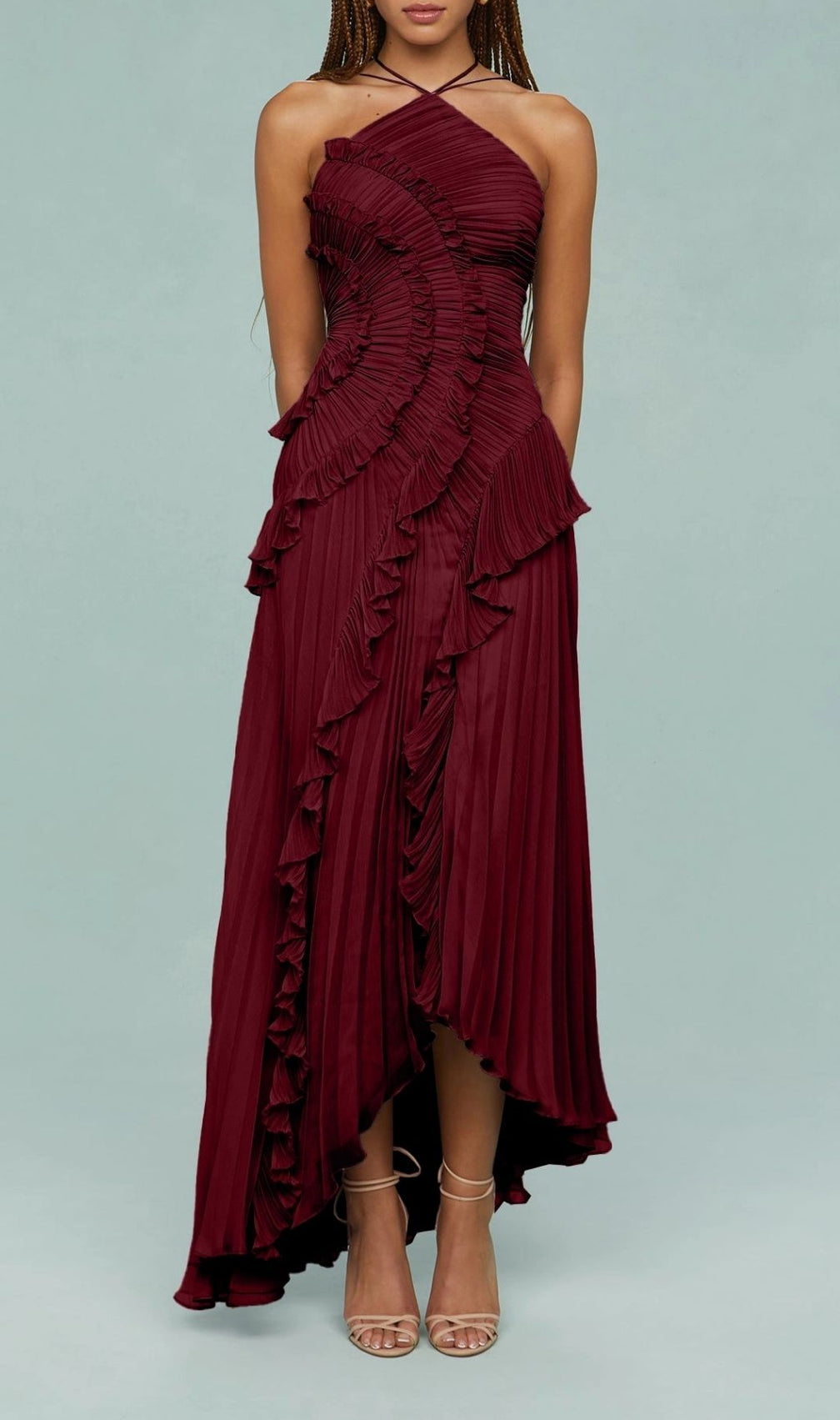 Finneas Crimson Red Halter Pleated Maxi Dress - Grecian Elegance