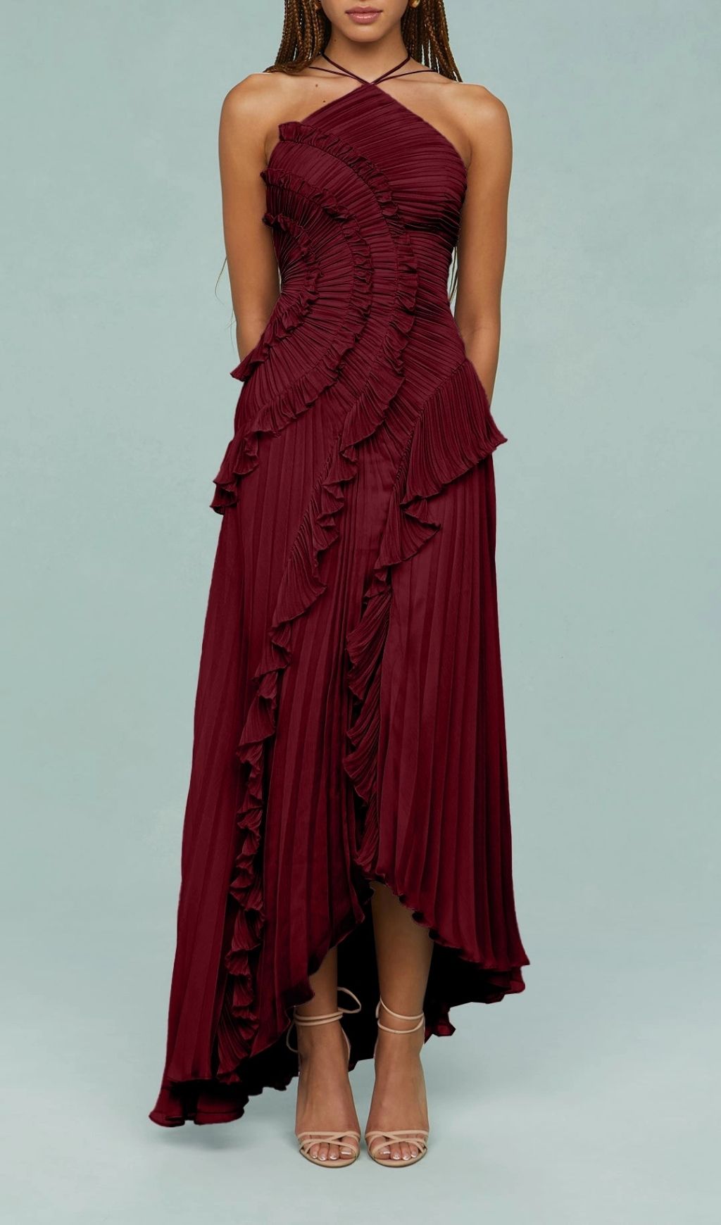 Finneas Crimson Red Halter Pleated Maxi Dress - Grecian Elegance