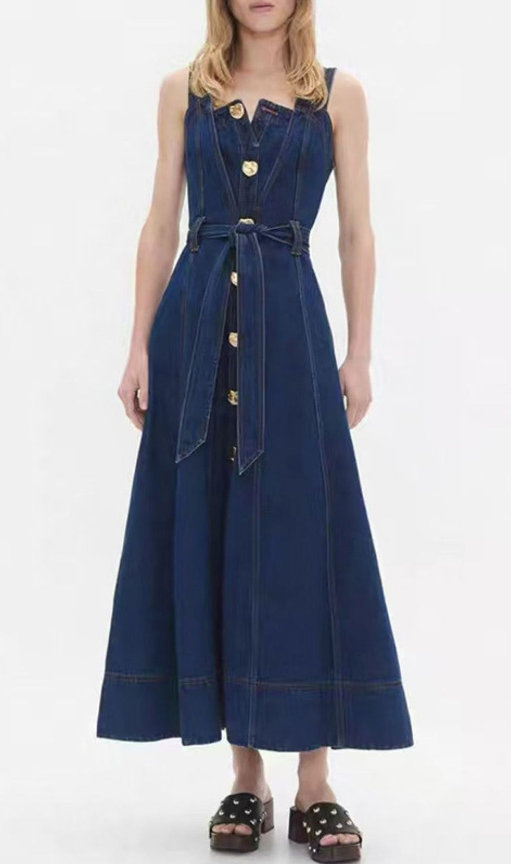 Effortless Chic: Women's Button-Front Belted Denim Midi Dress