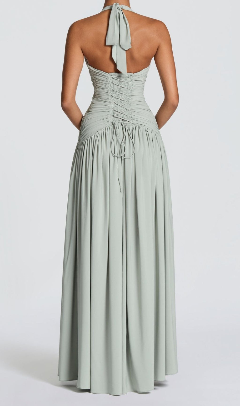 Kelley Celadon Halter Maxi Dress - Elegant Ruched Gown with High Slit