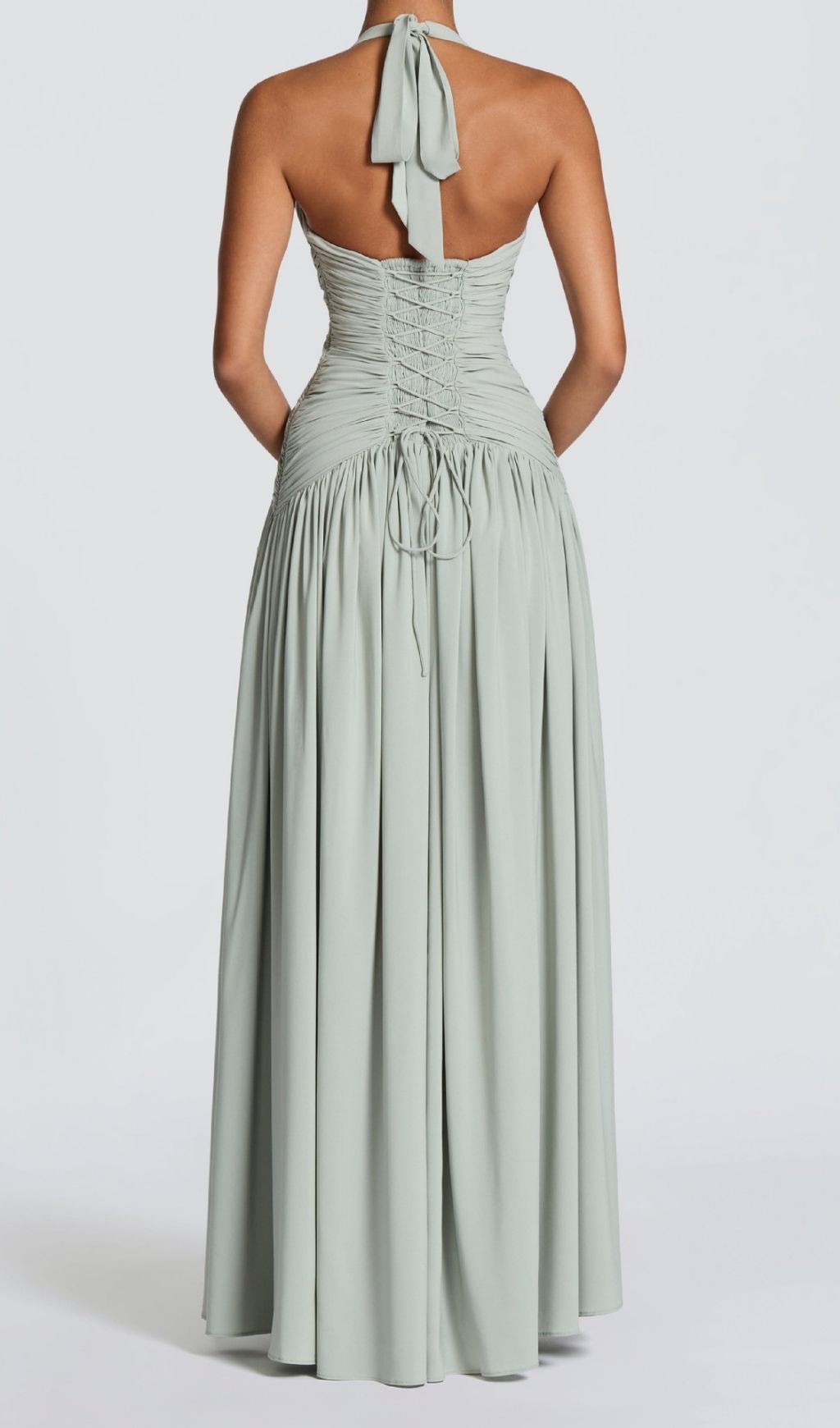 Kelley Celadon Halter Maxi Dress - Elegant Ruched Gown with High Slit