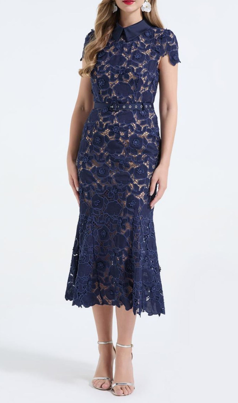 Kennita Elegant Navy Lace Midi Dress | Chic Floral Occasion Wear