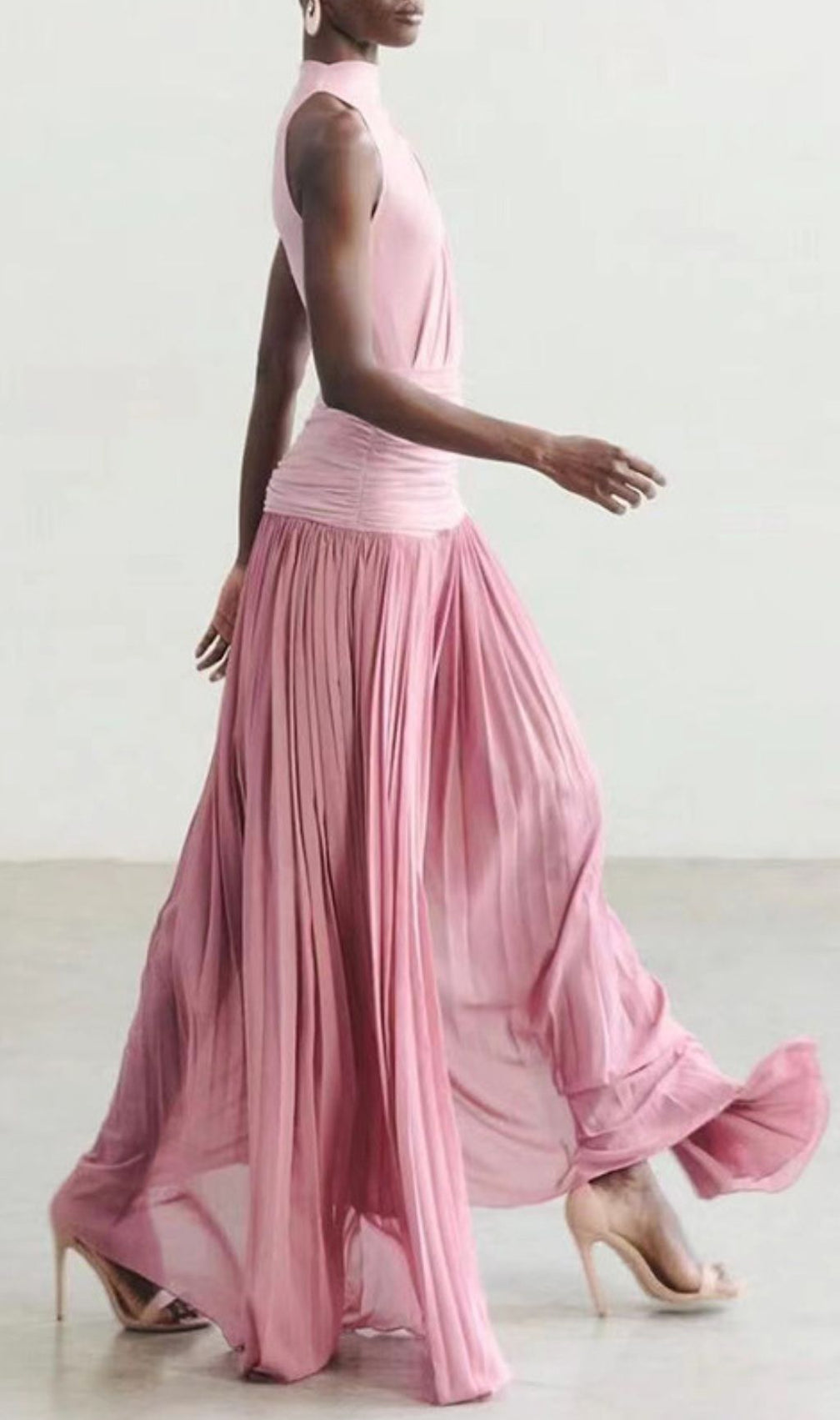 Juliana Draped & Pleated Maxi Dress - Elegant Rose Pink Sleeveless Gown
